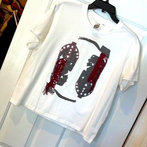 NWT Queen of Sparkles sequin boot tshirt white and garnet